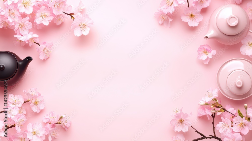 Fototapeta premium Cherry Blossom Tea Party: Delicately arranged cherry blossoms frame a pastel tea set, inviting a moment of tranquility.