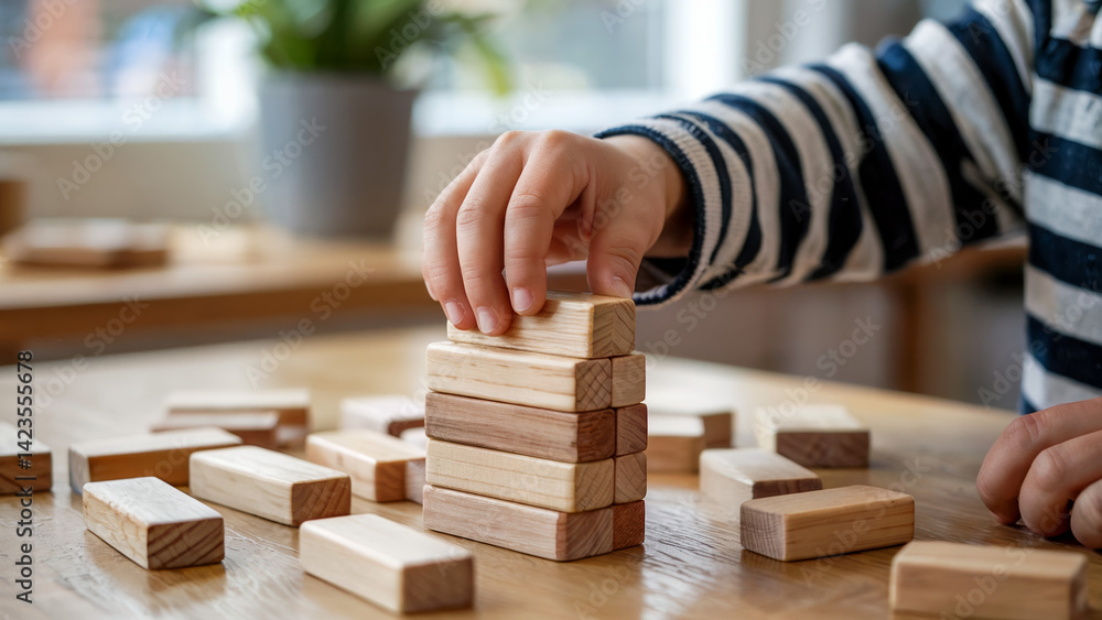 Child stacking wooden blocks in playful activity at home during daytime. Child stacking wooden blocks in playful activity at home during daytime.