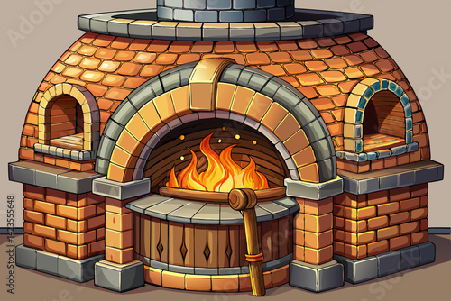 old brick oven and fire, fireplace vector illustration
