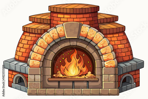 old brick oven and fire, fireplace vector illustration