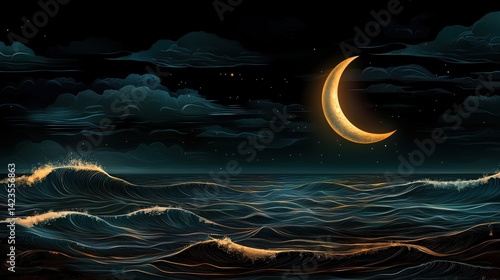 Moonlit waves ocean vista digital art nighttime serenity aesthetic viewpoint nature's beauty