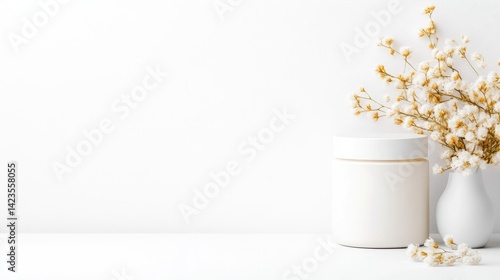 Elegant skincare product presentation, featuring a blank cream jar and delicate dried flowers, against a crisp white background