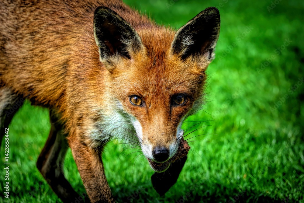 Obraz premium Close-up of a red fox on green grass.