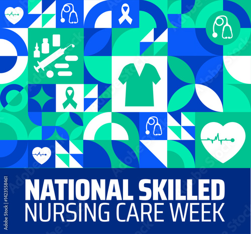 national skilled nursing care week Geometric shape pattern background banner or poster design template. observed every year in May. Holiday concept. Use to any Template, card, poster, placard.