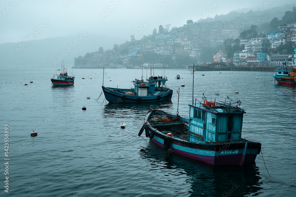 Misty harbor scene with several small fishing boats, moored near a hillside town, conveying tranquility and quietude of a coastal village Misty harbor scene with several small fishing boats, moored near a hillside town, conveying tranquility and quietude of a coastal village