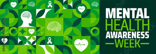 Mental Health Awareness Week Geometric shape pattern background banner or poster design template. observed every year in May. Holiday concept. Use to any Template, card, poster, placard, template.