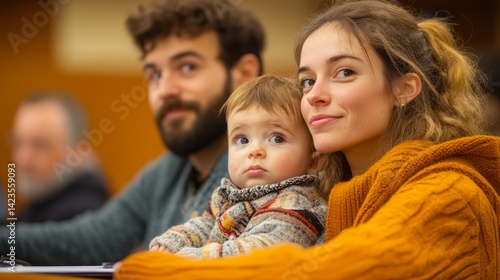 A young couple attentively listens to discussions at a city council meeting, holding their baby. They are interested in the future of public parks in their community.