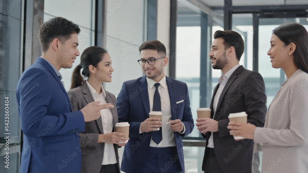 Smiling people talking in a professional office setting, engaged in a business meeting. Office environment with modern design elements. Smiling people talking in a professional office setting, engaged in a business meeting. Office environment with modern design elements.