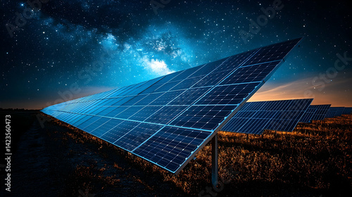 Solar panels at night under starry sky renewable energy sustainable technology