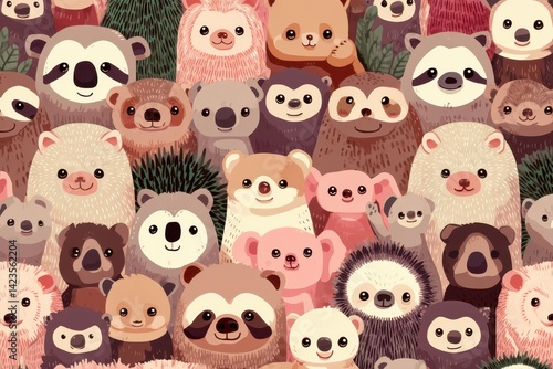Wallpaper Mural Whimsical Animal Crowd: A delightful gathering of various cute creatures, perfect for a child's room or cheerful design project. Torontodigital.ca