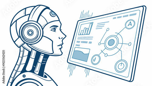 AI Generated: Conceptual Composition Featuring Robot with Headphones Analyzing Digital Dashboard with Graphs, Icons and Neural Nodes for AI Innovation, Data Science and Next-Gen Technology Branding