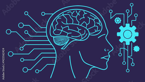 AI Generated: Stylized Human Brain and Circuit Lines Illustration Featuring Technological Gears and Cog Elements, Artificial Intelligence Concepts, Cognitive Enhancement, Futuristic Tech Design Themes