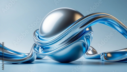 A shiny chrome sphere is enveloped by flowing, iridescent blue metallic liquid on a light background.