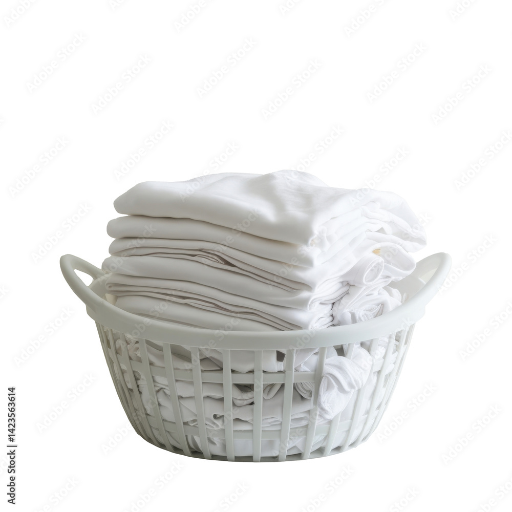 Obraz premium Wicker basket with a stack of clothes on a white background