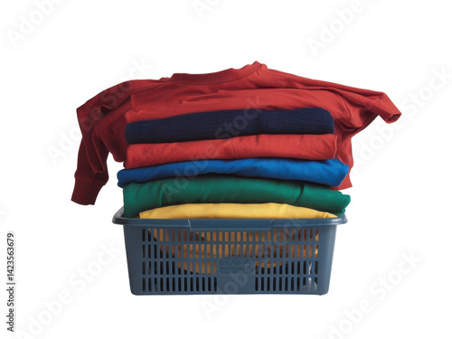 Wicker basket with a stack of colorful clothes on a white background