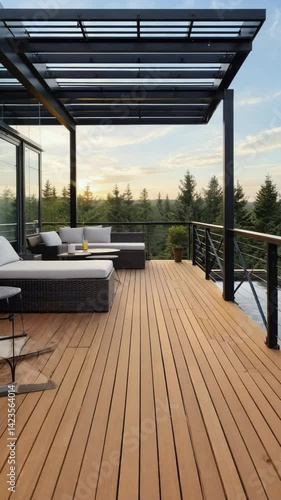 Outdoor patio area with wooden decking, metal framework and forest trees at golden hour light during clear weather