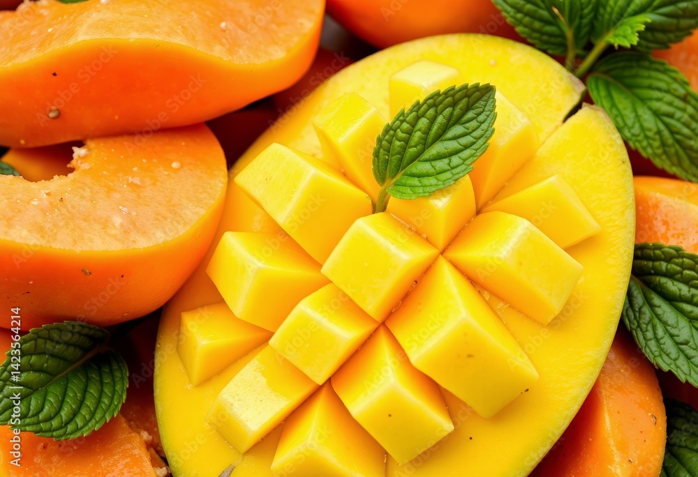 Fresh Mango Slices Surrounded by Mint Leaves on a Colorful Background Fresh Mango Slices Surrounded by Mint Leaves on a Colorful Background