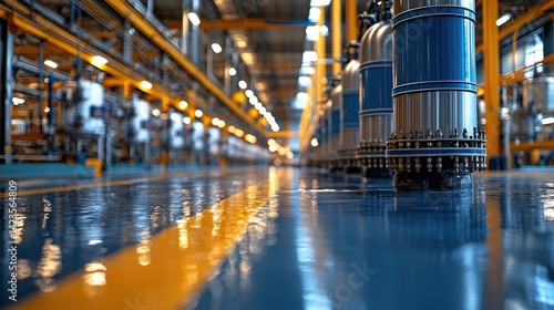 A visual journey through alkaline electrolysis, a clean energy production process where electricity breaks down water into hydrogen and oxygen in an industrial setting 