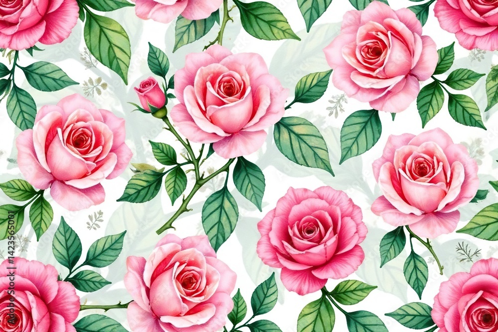 Delicate watercolor roses, leaves & buds, repeat pattern , red, design Delicate watercolor roses, leaves & buds, repeat pattern , red, design
