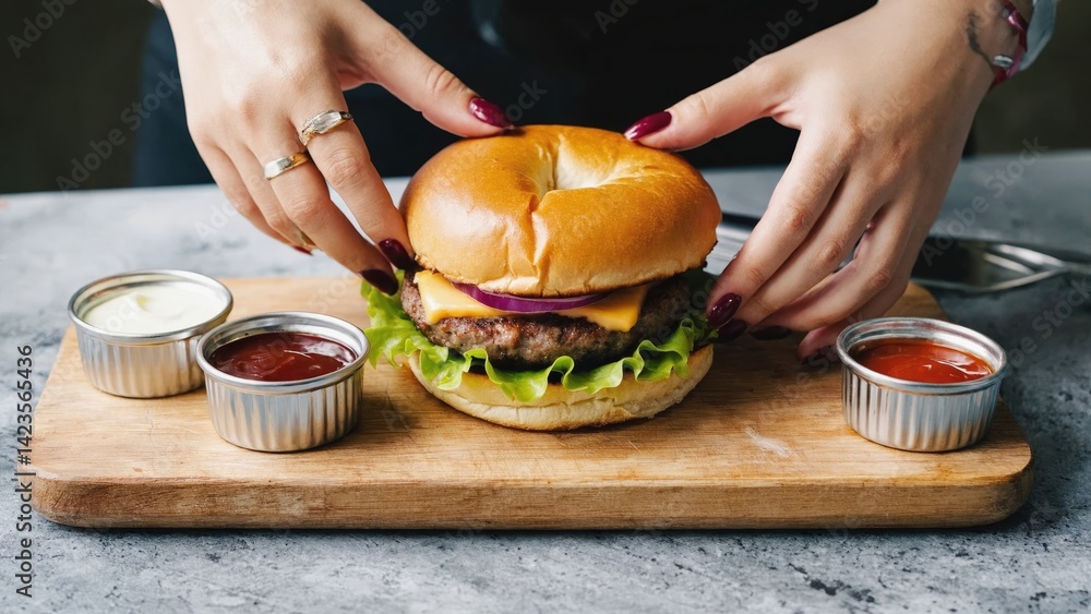Handmade burger with fresh ingredients and condiments.