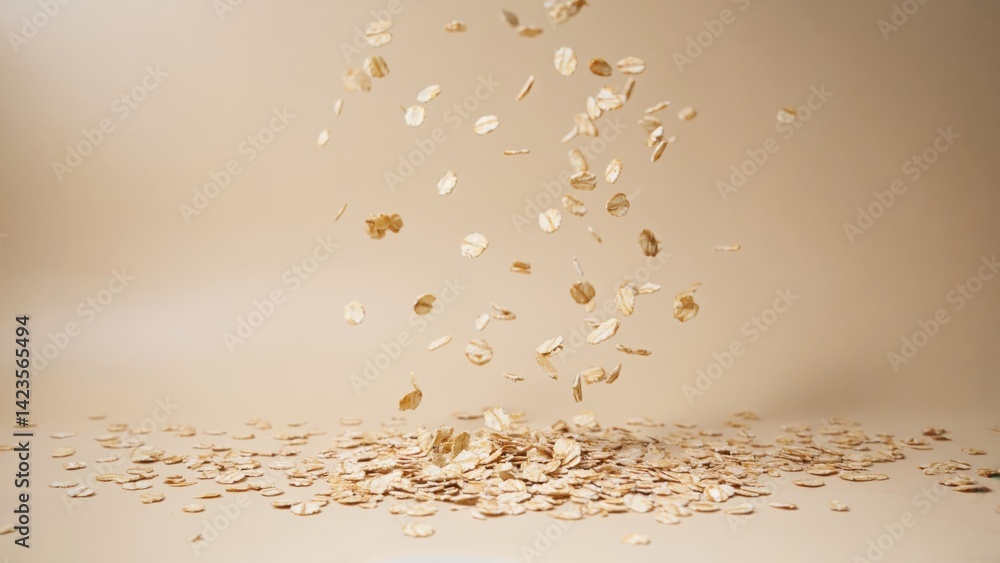 Closeup of Quaker Oatmeal sprinkled on a surface.