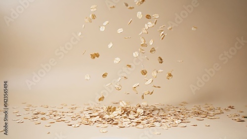 Closeup of Quaker Oatmeal sprinkled on a surface.