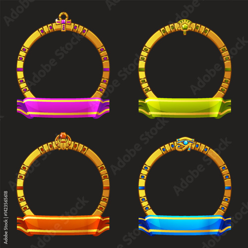Round Frames in Egyptian themed with symbols - scarab, Ankh cross, lotus and Horus eye and colored ribbons. Avatar frames for game or App icons