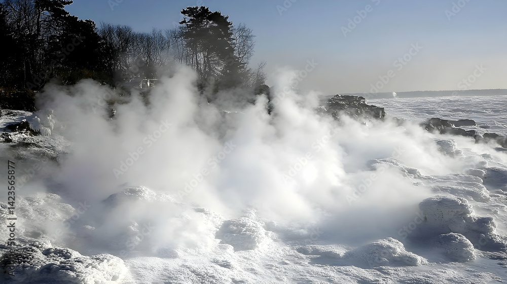 Fototapeta premium Steam rising from icy coastal waves in winter landscape