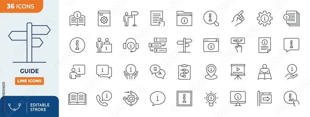 Guide line editable icon set. Contains icons related to info, guide, information, instructions, and more. Editable stroke. Vector illustration