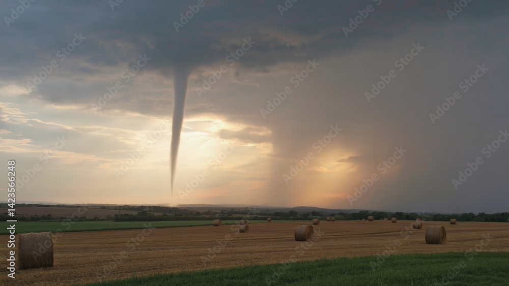 A powerful tornado in a vast grass field under the stormy sky at sunset.