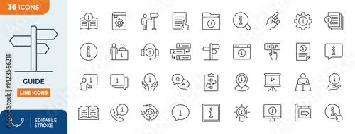 Guide line editable icon set. Contains icons related to info, guide, information, instructions, and more. Editable stroke. Vector illustration
