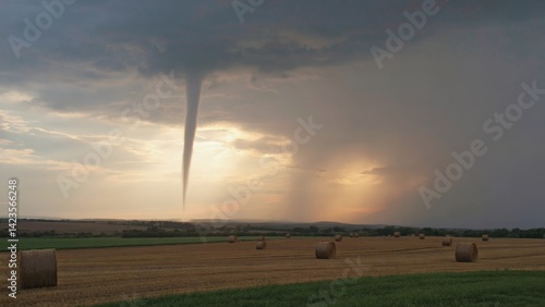 Obraz na płótnie A powerful tornado in a vast grass field under the stormy sky at sunset. w salonie