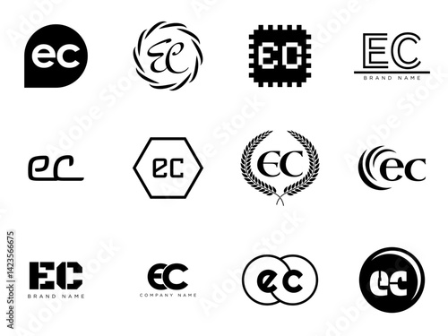 EC logo company template. Letter e and c logotype. Set different classic serif lettering and modern bold text with design elements. Initial font typography.
