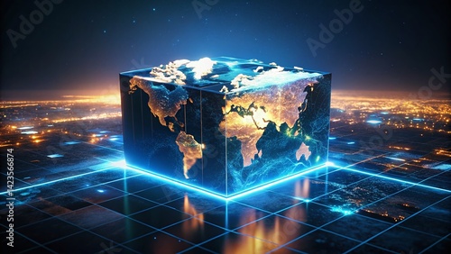 Night Photography: Illuminated World Map Cube, Global Connectivity Concept