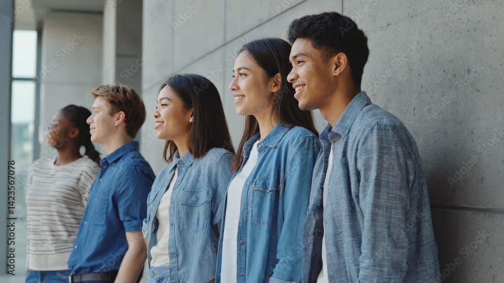 Friendly business team smiling at camera. Corporate employees wearing similar clothing. Office environment with modern design. Positive work culture.