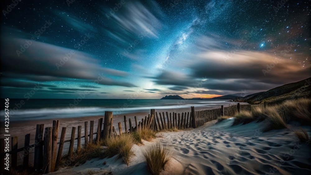 Night Photography: Coastal Fence, Traigh a Bhaigh Beach, Barra Island, Scotland, UK