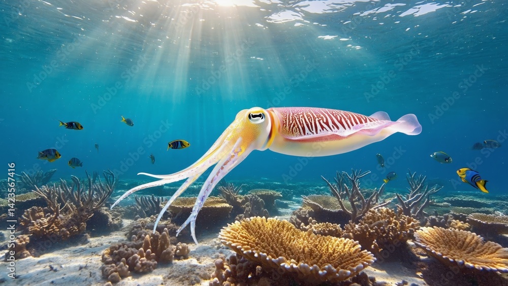A vibrant pink octopus amidst a coral reef, with colorful tropical fish swimming around. Ideal for scuba divers and nature enthusiasts.