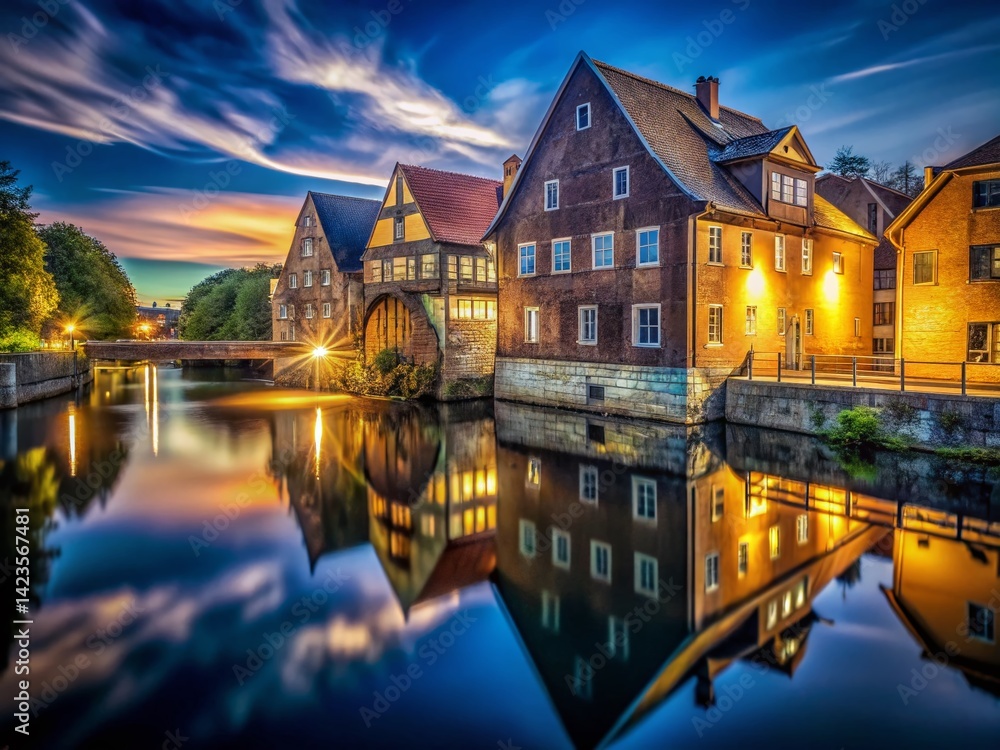 Night Photography: City Water Mill - Illuminated Architecture & Reflections