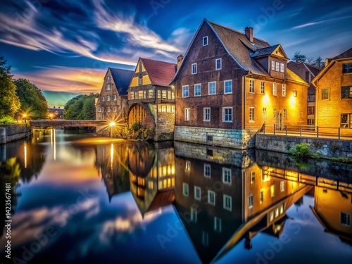 Obraz na płótnie Night Photography: City Water Mill - Illuminated Architecture & Reflections w salonie