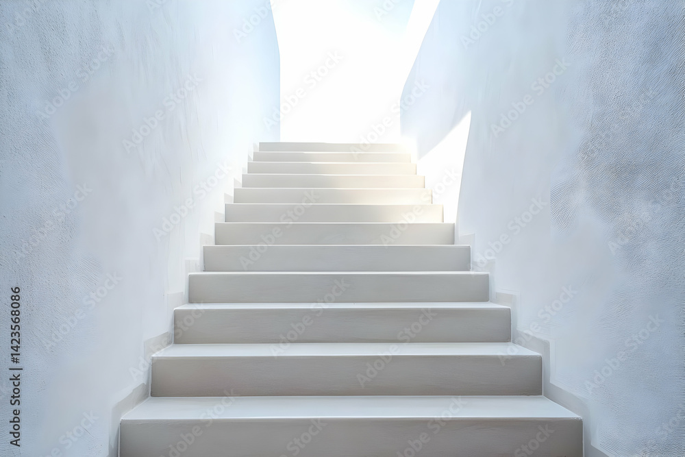 Fototapeta premium A serene stairway leading towards bright light, symbolizing hope, progress, and ascension in a minimalist architectural style.