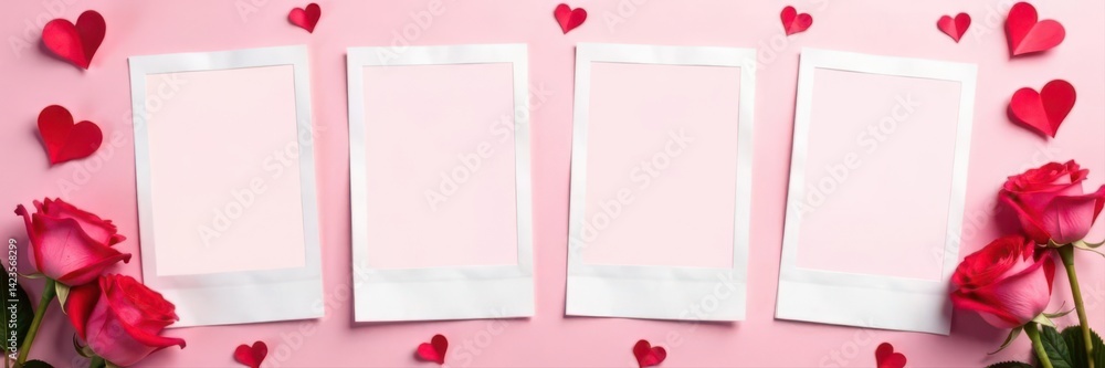 Blank polaroid frames, hearts, roses, pink background, pattern, element, celebration Blank polaroid frames, hearts, roses, pink background, pattern, element, celebration