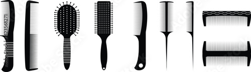 Hair comb or barber comb icon set. Hairbrushes and combs vector collection isolated on transparent background. For combing and styling hair. Hairdressing tool. Hair comb and hair brush.