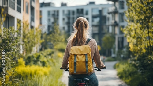 A young woman rides her bicycle through the streets of Copenhagen, surrounded by modern buildings and lush green spaces, highlighting urban sustainability and active lifestyle.