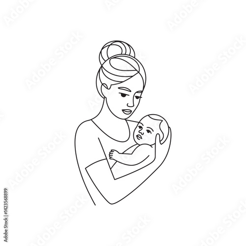 Black and White Silhouette of a Person Holding a Baby in Arms Representing Parenthood, Caregiving, and Nurturing for Family, Editable Vector Illustration Isolated on a White Background