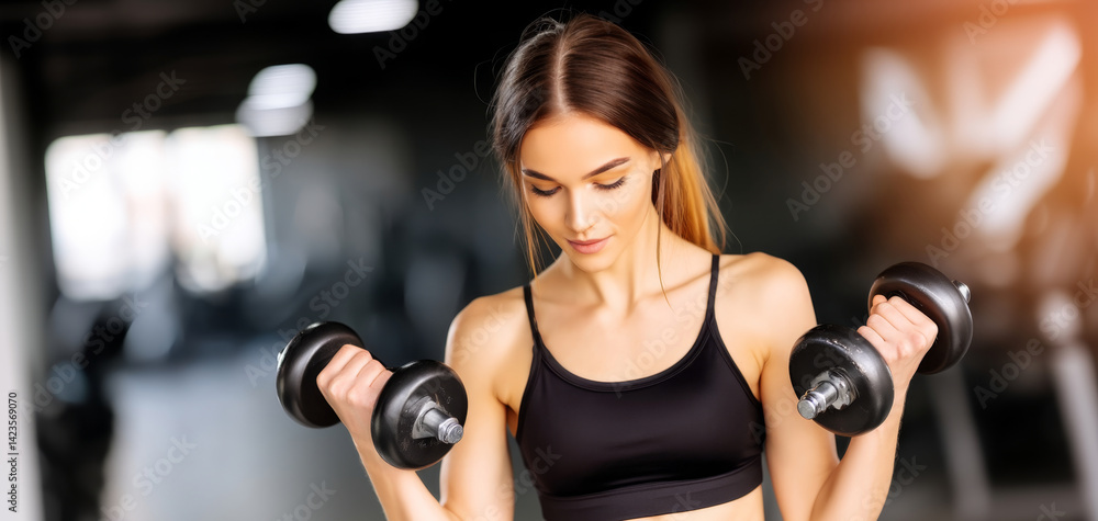 Fototapeta premium A dedicated woman is engaged in strength training, lifting dumbbells in a gym. She concentrates on her form while working on her upper body muscles.