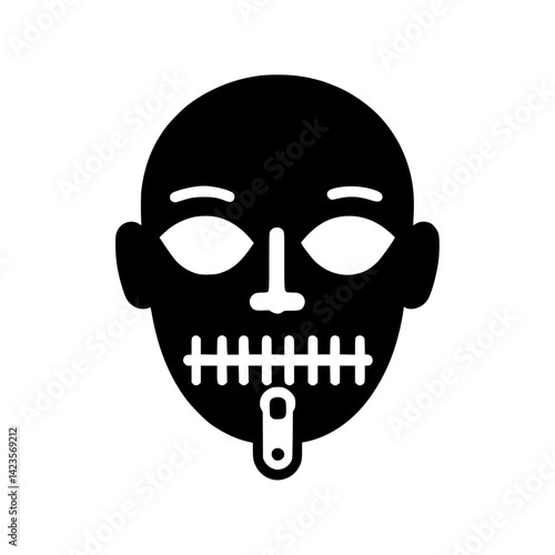 Black vector icon of a face with a zipper across the mouth 