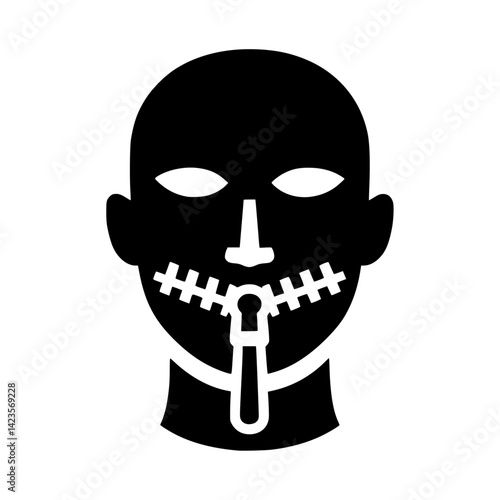 Black vector icon of a face with a zipper across the mouth 