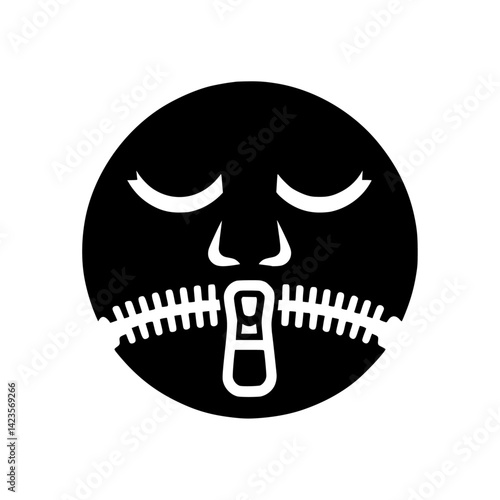 Black vector icon of a face with a zipper across the mouth 