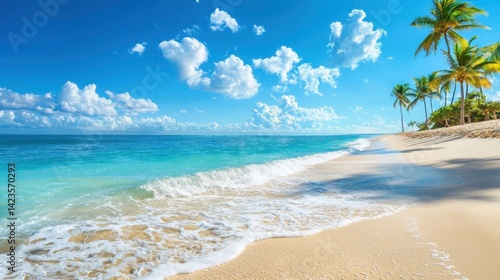 Wallpaper Mural Crystal-clear ocean waves washing over a tropical white sand beach, with tall palms swaying in the warm breeze. Torontodigital.ca