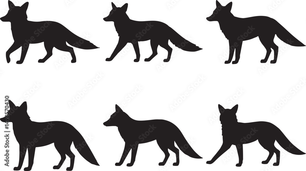 Obraz premium Six Silhouettes of Foxes Walking Elegant Animal Wildlife Clipart Design